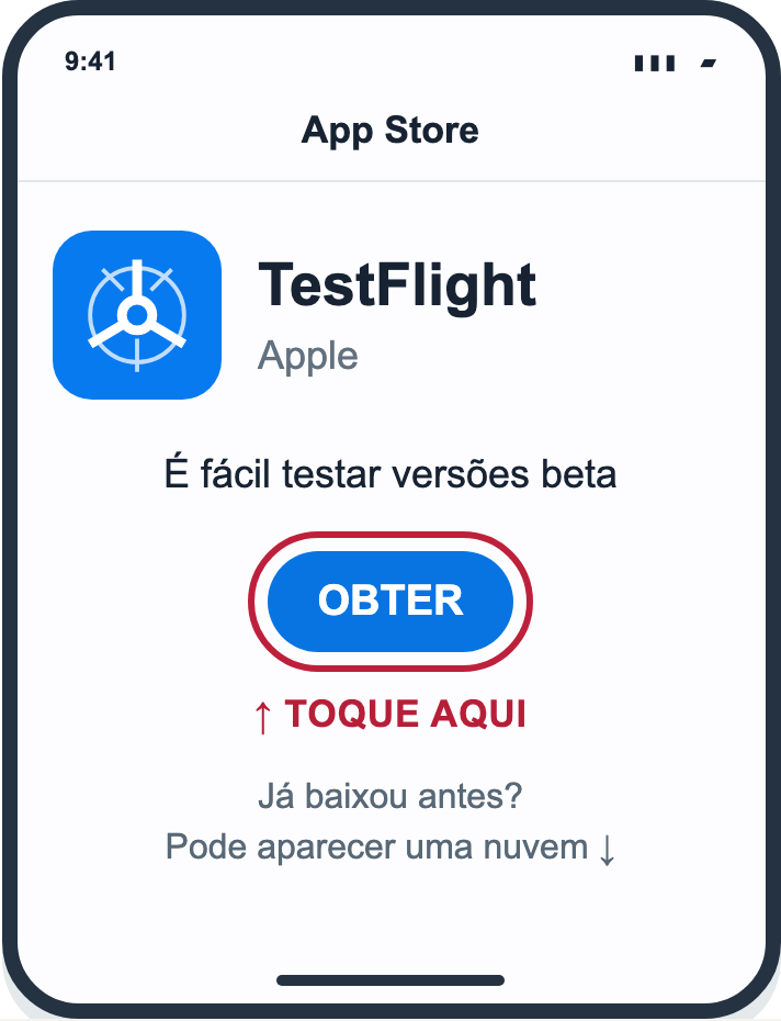 Tela ilustrativa da App Store: TestFlight, da Apple, com o botão Obter destacado.