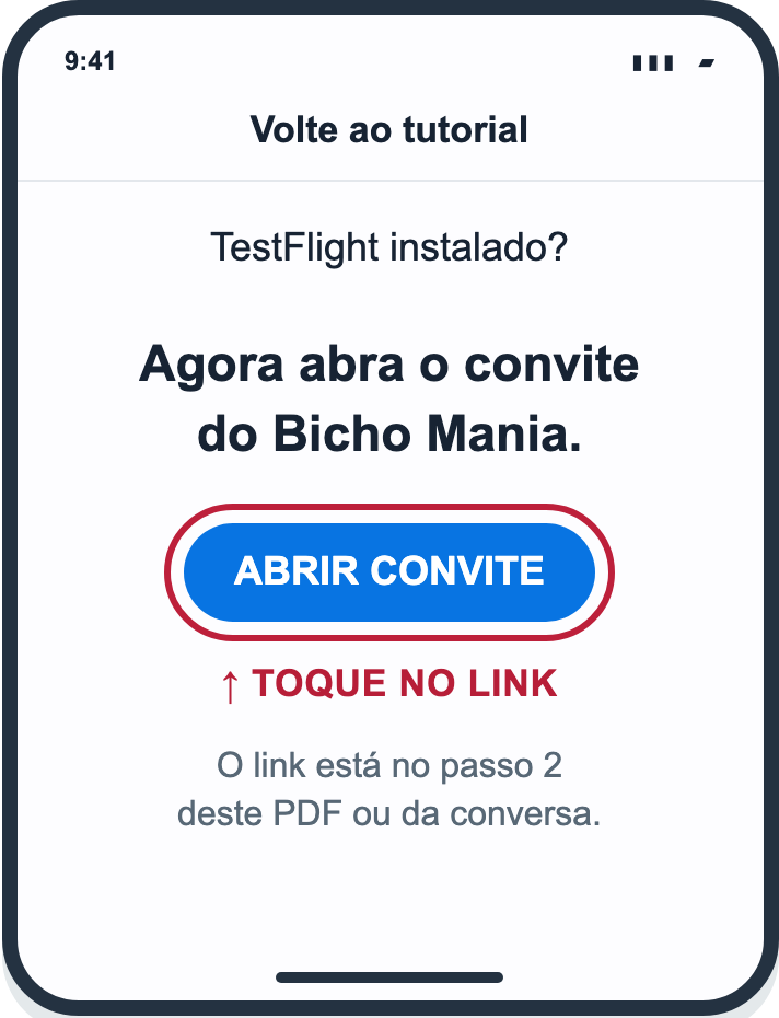 Ilustração do passo de voltar ao tutorial e abrir o convite do Bicho Mania.