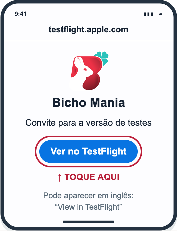 Tela ilustrativa do convite Bicho Mania, com Ver no TestFlight destacado.