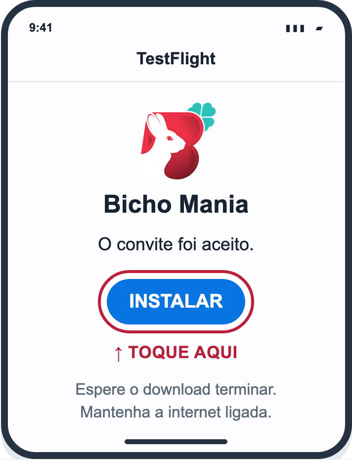 Tela ilustrativa do Bicho Mania no TestFlight, com Instalar destacado.