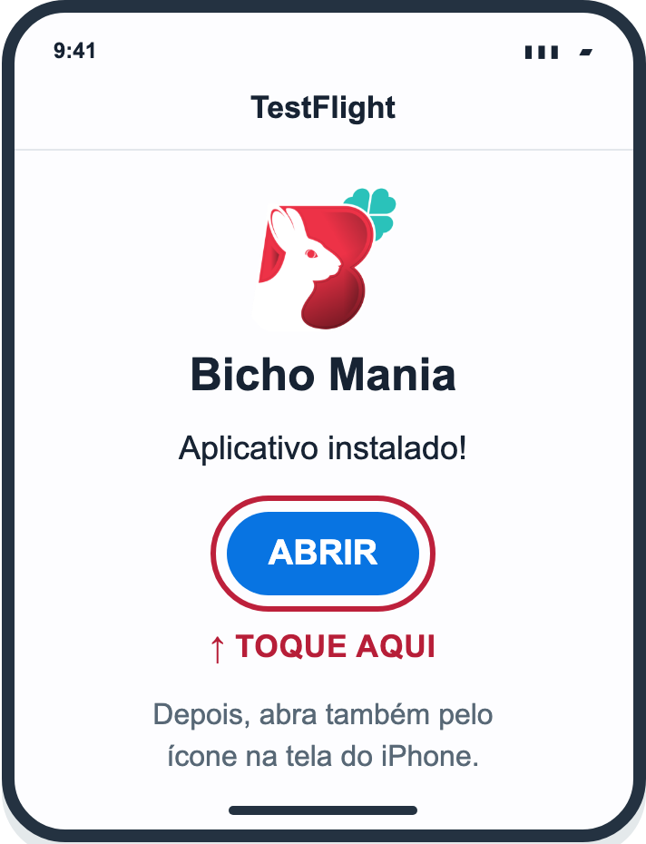 Tela ilustrativa do Bicho Mania no TestFlight, com Abrir destacado.
